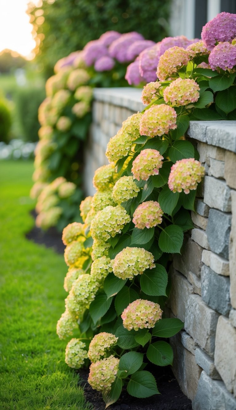 A lush border of sunset glow hydrangeas cascading over a stone wall, creating a vibrant and picturesque landscaping scene