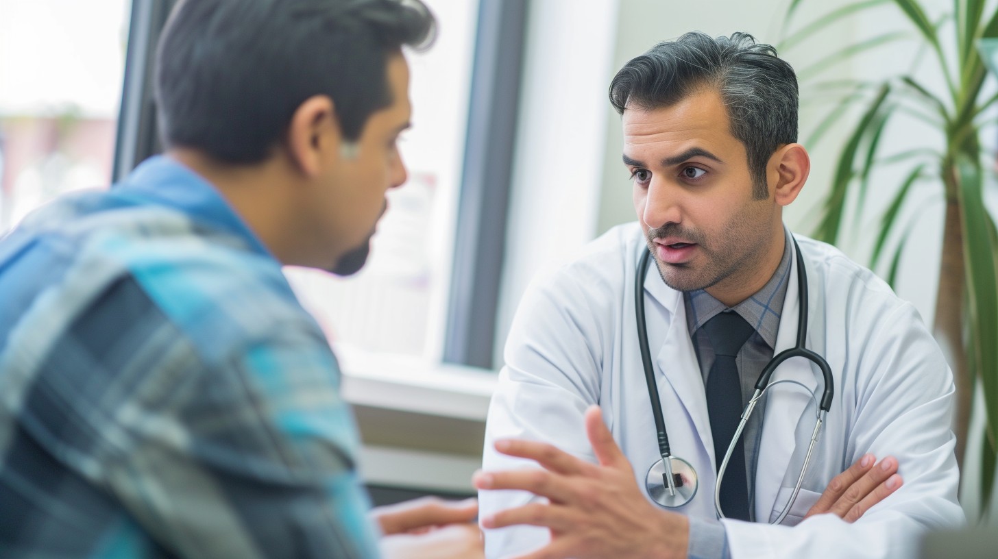 symptoms and signs of dandruff, a doctor talking to a patient