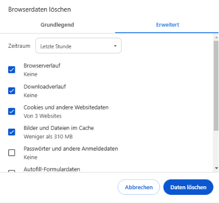  Löschen von Cookies, Caches und Browser-Historien