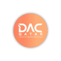 DAC Qatar logo – A circular gradient logo with 'DAC Qatar' written in white, accompanied by the tagline 'Creation Through Innovation' on a black background