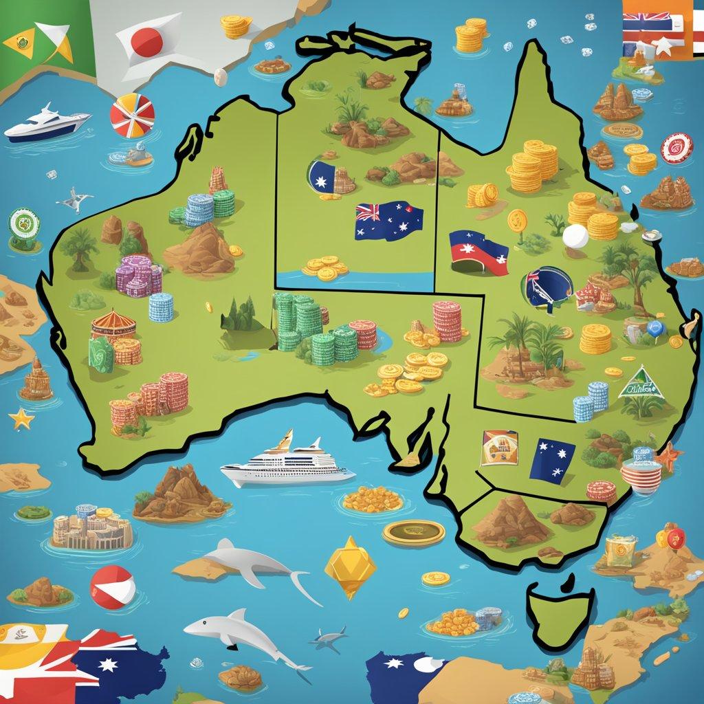 A map of Australia with various online casino logos scattered across the country, while a scale representing regulation tips in favor of players