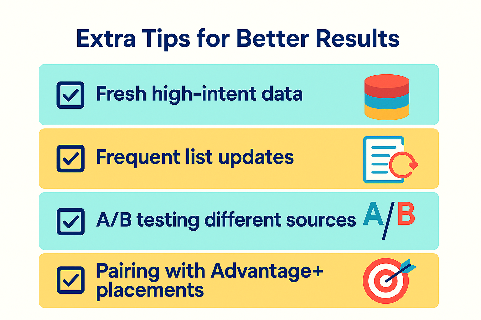 Infographic with four colorful checklist tips for improving Advantage+ results