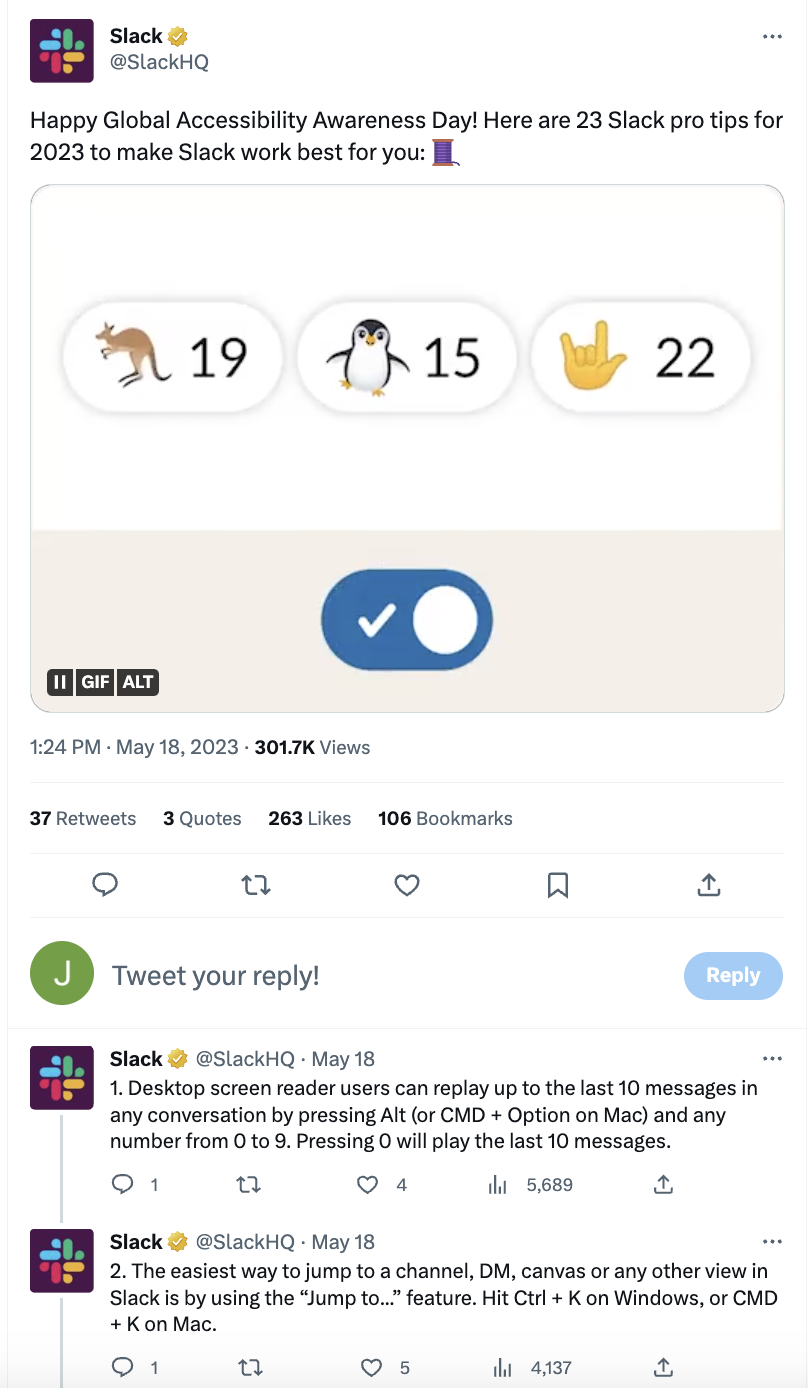 Screenshot of Slack Twitter post for Global Accessibility Awareness Day, which features a thread with 23 inclusive tips for using Slack. 