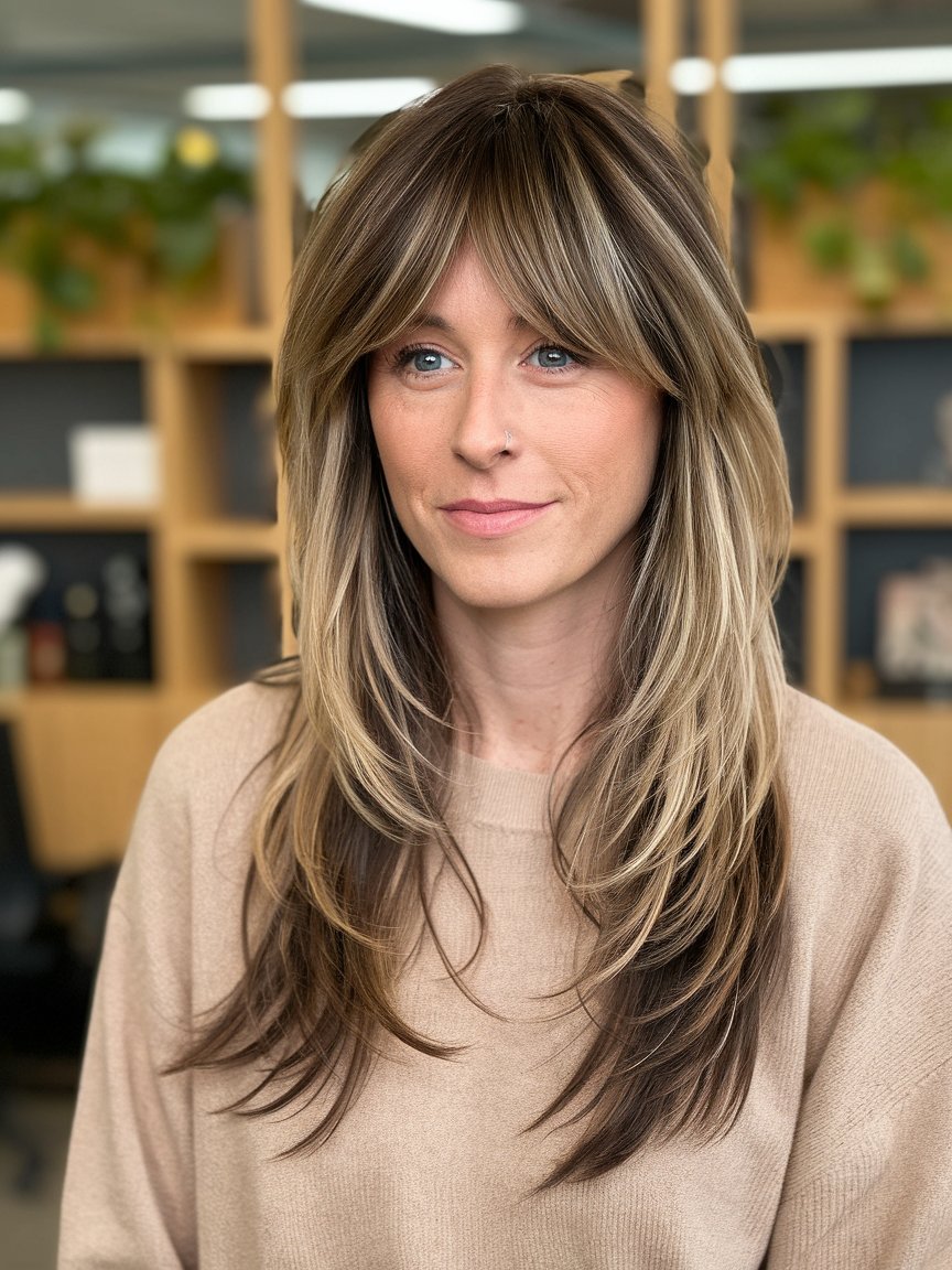 43. Long, Blended Layers with Feathered Bangs