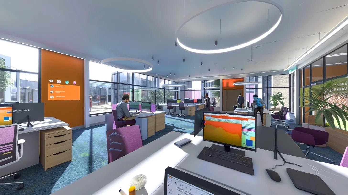 a sleek, modern office workspace showcases a vibrant team collaborating around a digital interface displaying react and vue framework features, emphasizing the fast, interactive user experiences they create on web applications.