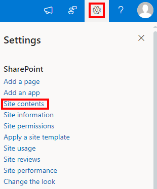 The settings wheel icon and site contents are indicated. 