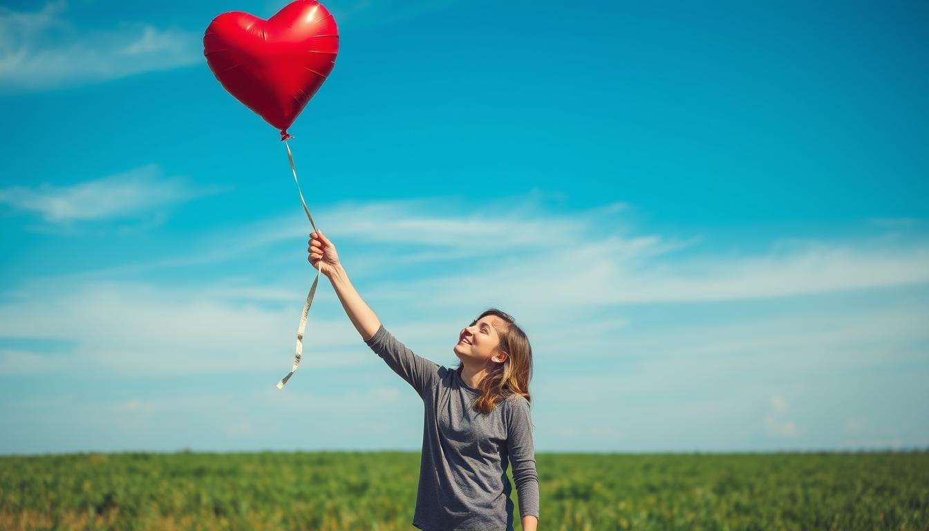 An image of a person releasing a heart-shaped balloon into the sky, symbolizing the act of surrendering and letting go of their past relationship. The sky should be a vibrant blue and the balloon should be colorful. The person should have a peaceful expression on their face and be standing in an open field with green grass. There should be no other objects or people in the image, just the person and the balloon. The overall feeling of the image should be one of hope and moving forward.