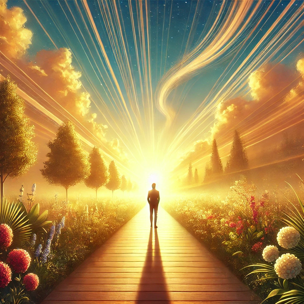 A person standing on a serene path bathed in warm, golden light, symbolizing clarity and understanding. The background features a clear sky, soft clouds, and gentle rays of sunlight, evoking a sense of peace and fulfillment. Along the path, blooming flowers and lush greenery represent growth and the joy of discovering one's purpose. The person's posture is confident and relaxed, gazing forward with contentment and direction, capturing the pleasure and serenity of finding clarity in life.