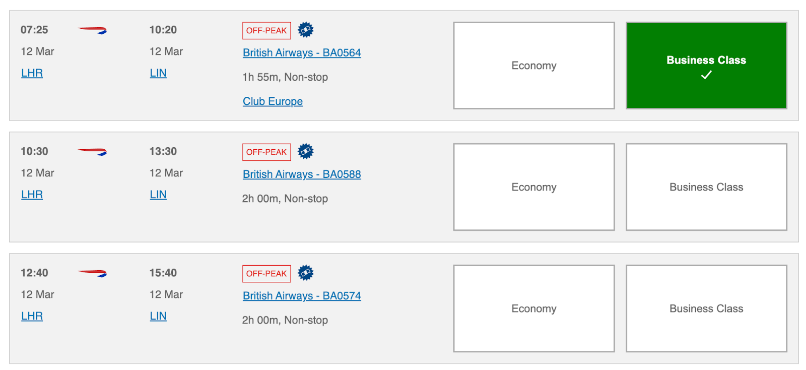 screenshot of British Airways flight options with points