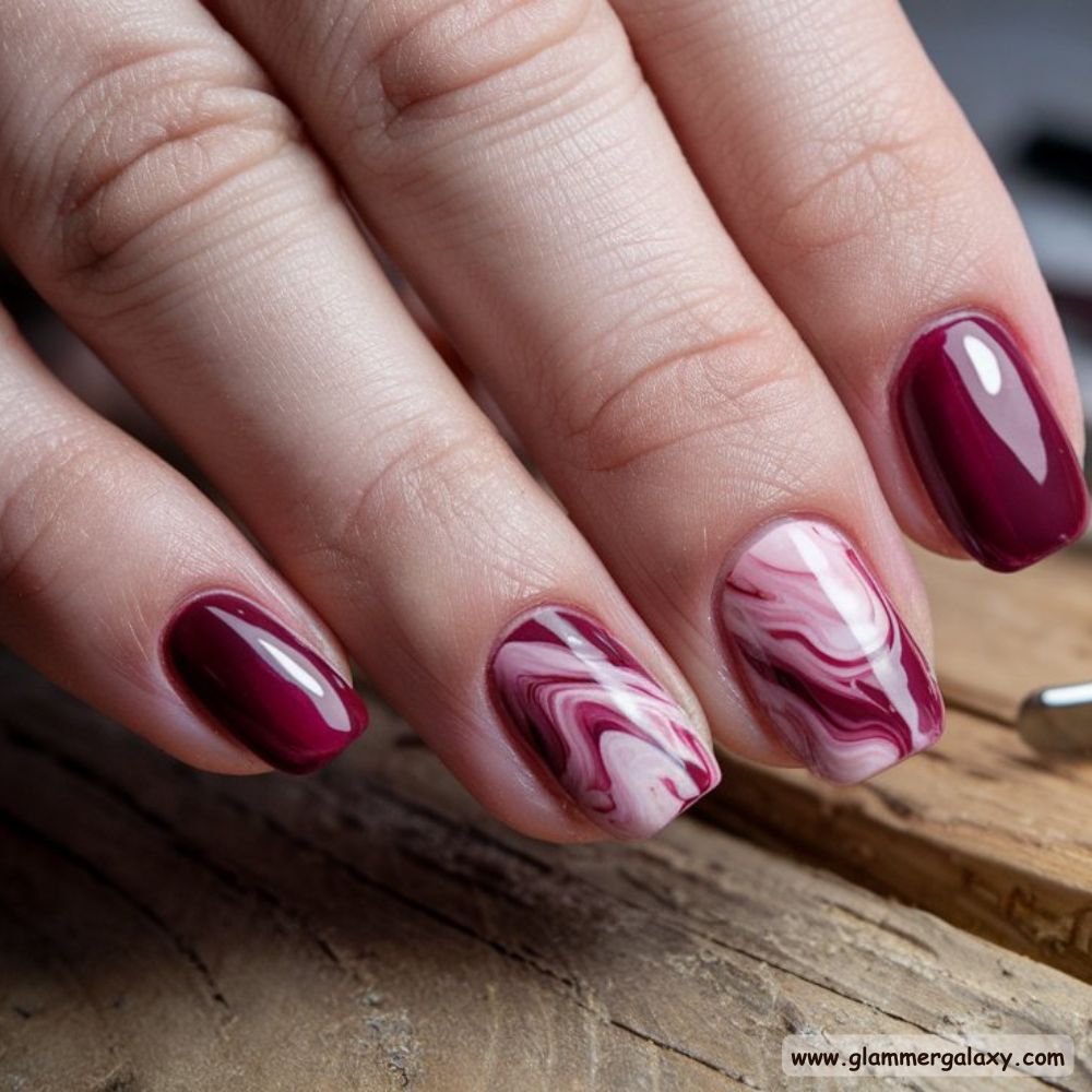 Burgundy fall Nails with Sophisticated Marble Look