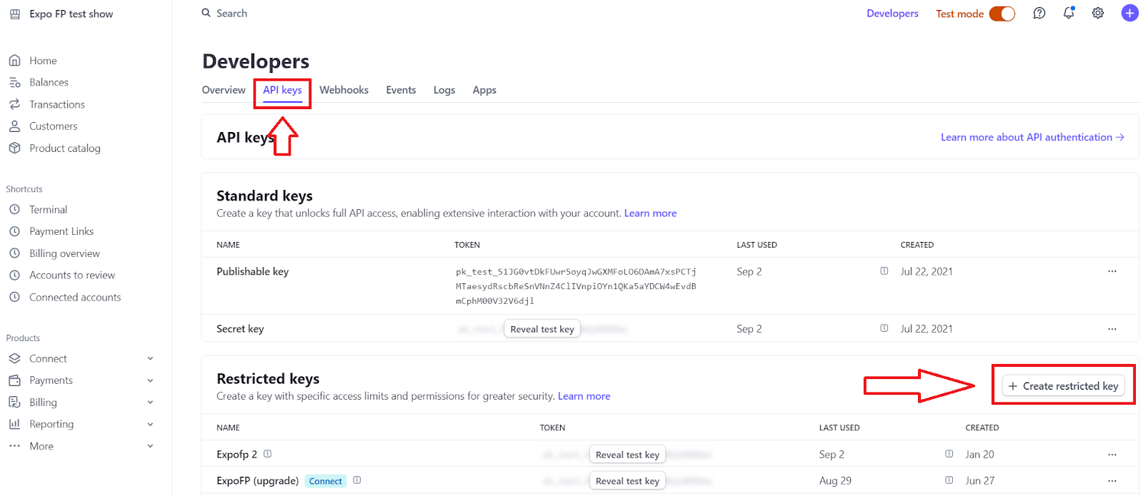 API keys Stripe page, with API Keys and Create restricted key in boxes with arrow pointing to them