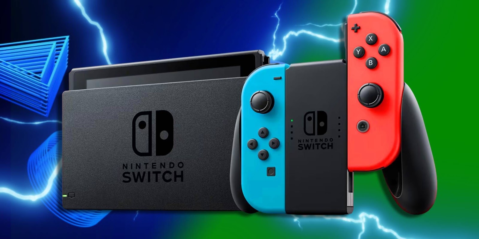 Nintendo Switch di atas logo PlayStation dan Xbox.