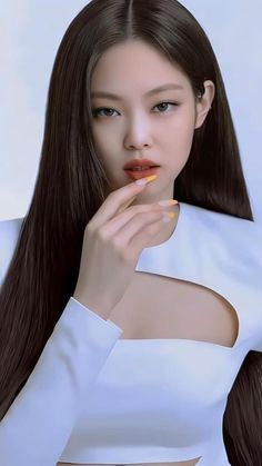 This contains an image of: BLACKPINK's Jennie putting on a white dress and her hand on her lower lips.