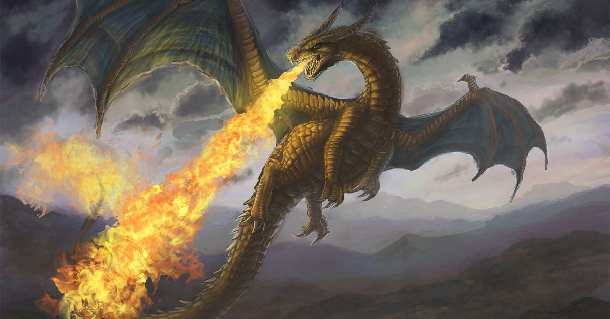 A fierce dragon breathing flames, symbolizing the power of Harvesting in a mythical landscape.