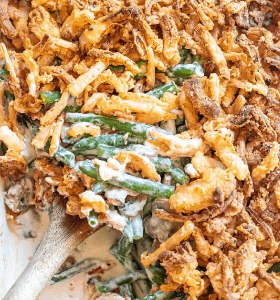 Homemade green bean casserole in baking dish