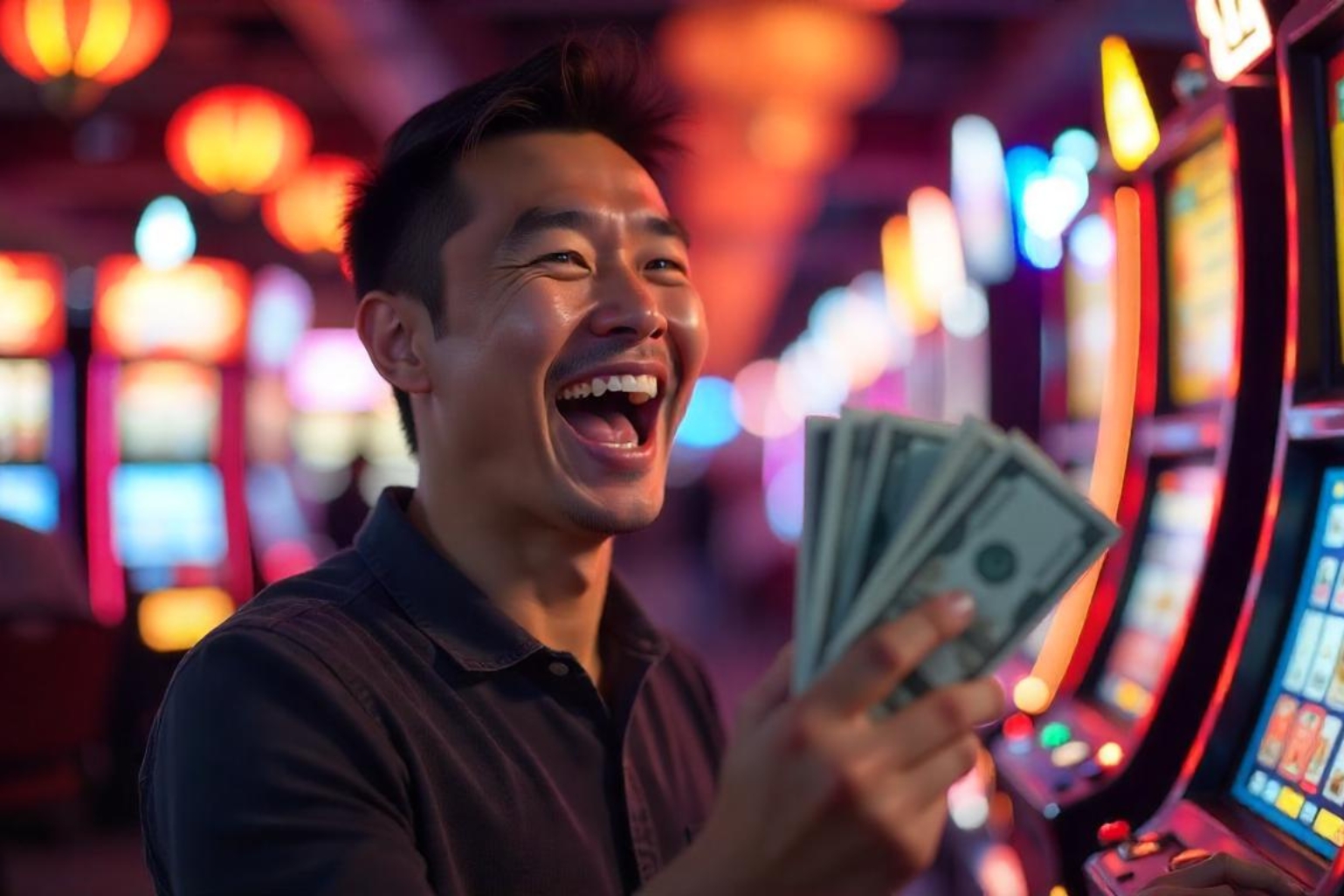 A man laughs joyfully with cash in front of bright slot machines.