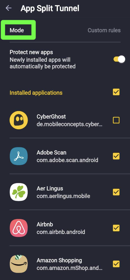 Captura de tela mostrando as configurações de App Split Tunnel no aplicativo da CyberGhost VPN
