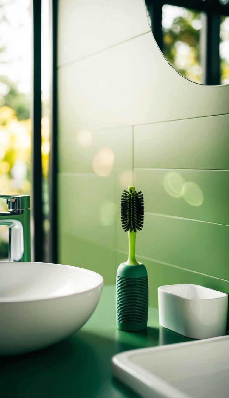 A compostable toilet brush sits next to a modern sink in a green-themed bathroom