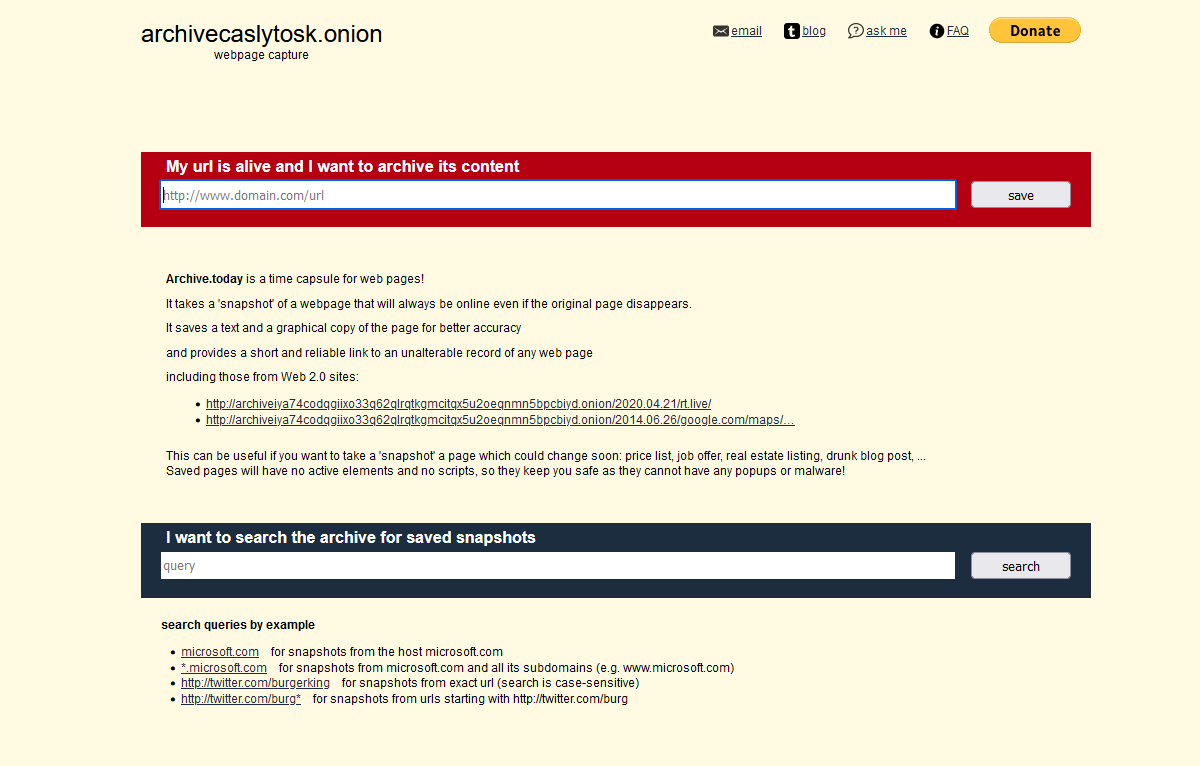 Screenshot of Archive Today on the dark web