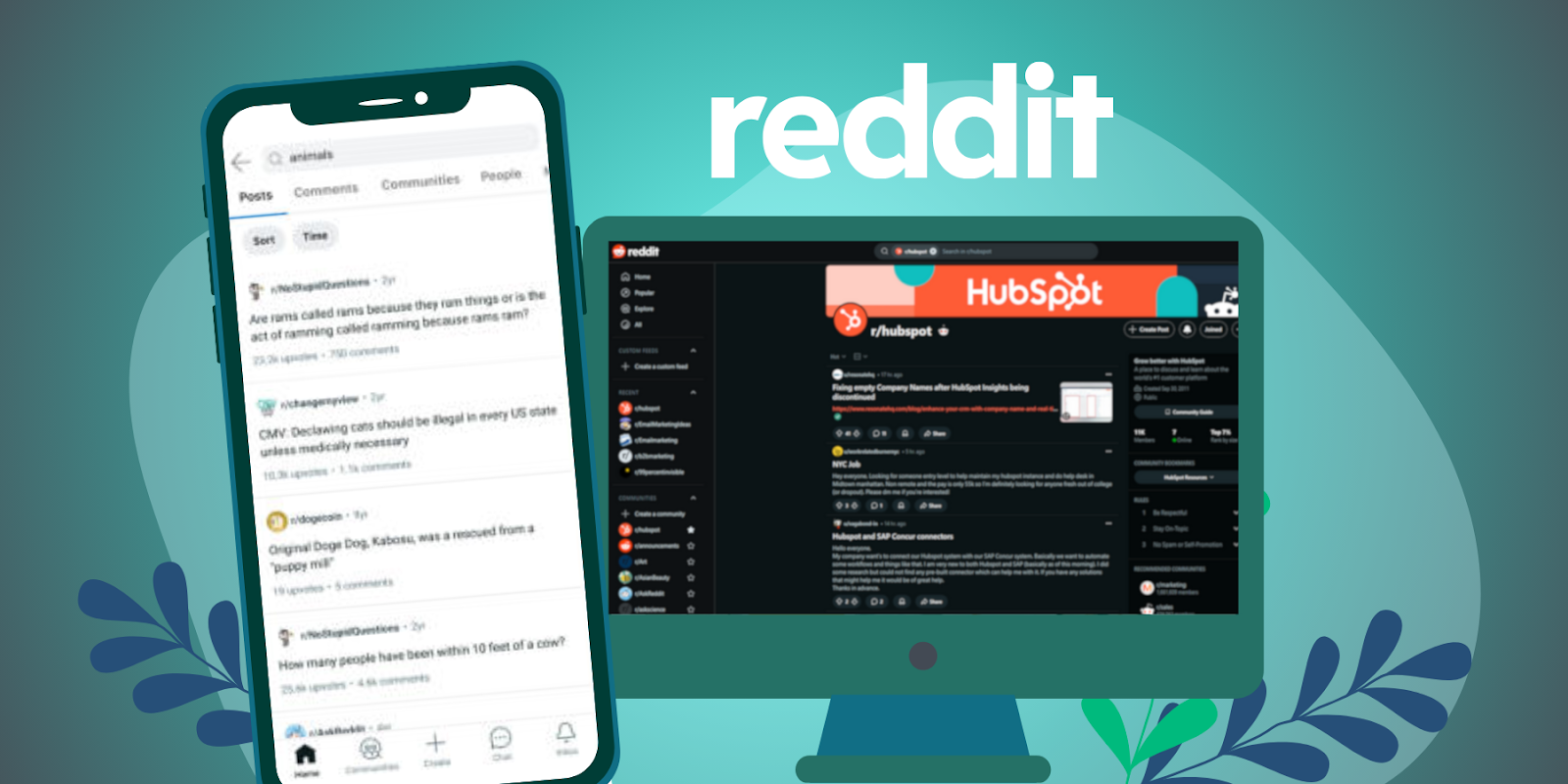 Reddit interface on phone and desktop, featuring B2B content promotion on social media.