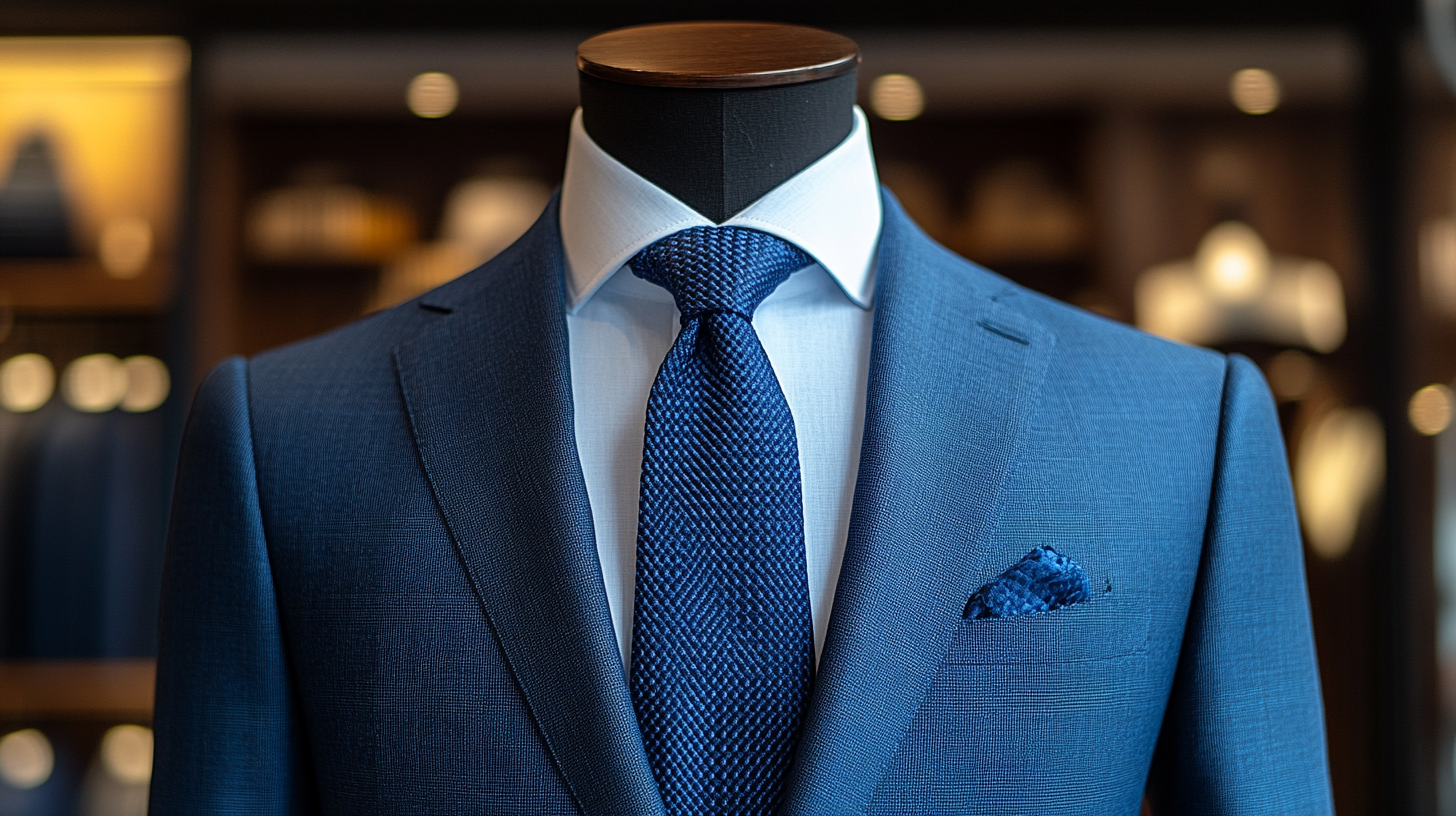 A mannequin dressed in a solid blue suit, featuring a neatly tied navy blue tie. The tie’s rich, deep color complements the suit perfectly, exuding a professional and sophisticated look.