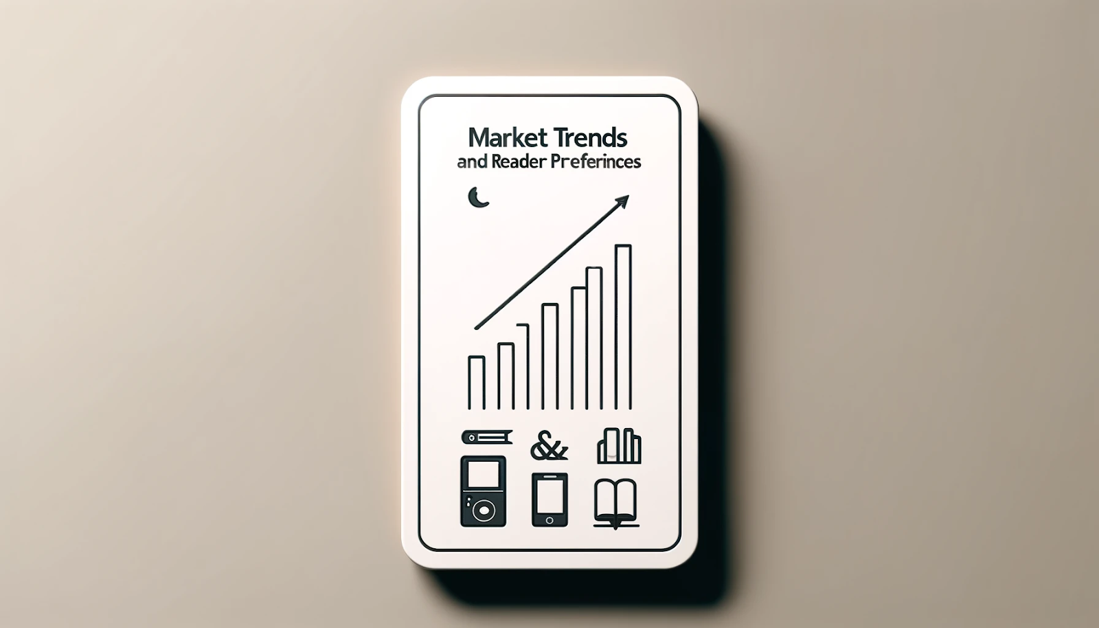 A minimalist digital illustration of a smartphone displaying a chart with rising bars, symbolizing market trends and reader preferences. Below the chart are icons representing digital and print books, highlighting the evolving landscape of book consumption