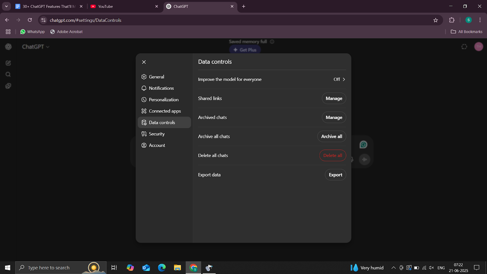 Turning off training data in chatgpt