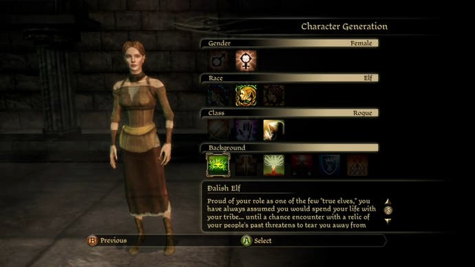 Menu pembuat karakter di Dragon Age: Origins, menampilkan Elf perempuan dengan latar belakang Dalish dan kelas penjahat yang dipilih.