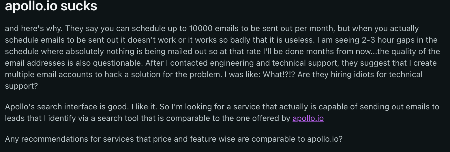 Bad review on Reddit about Apollo.io's technical support