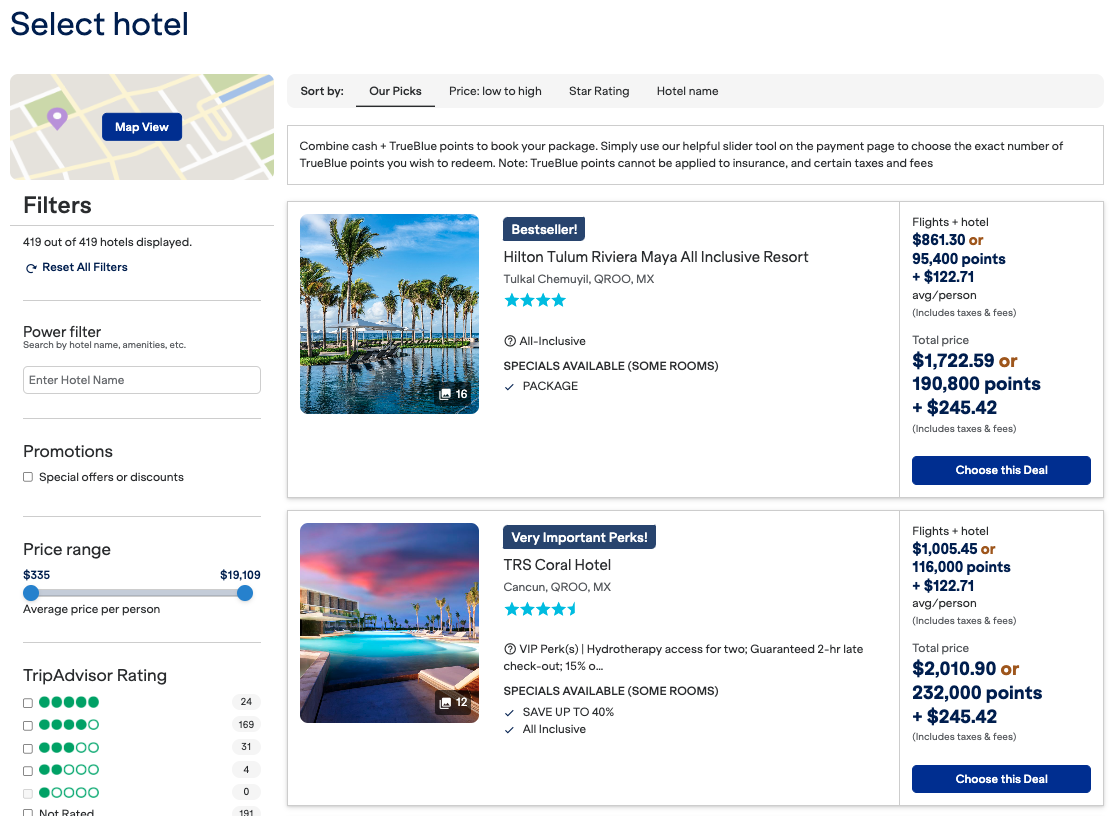 using JetBlue points for hotels