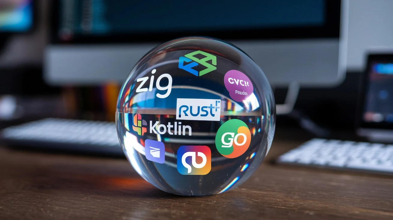 A crystal ball with new programming language logos inside, highlighting emerging languages to watch in 2024.