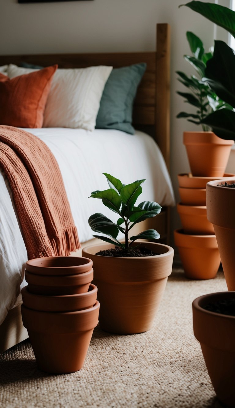 A cozy bedroom with terracotta plant pots in various sizes and shades of red, adding warmth and earthy charm to the space