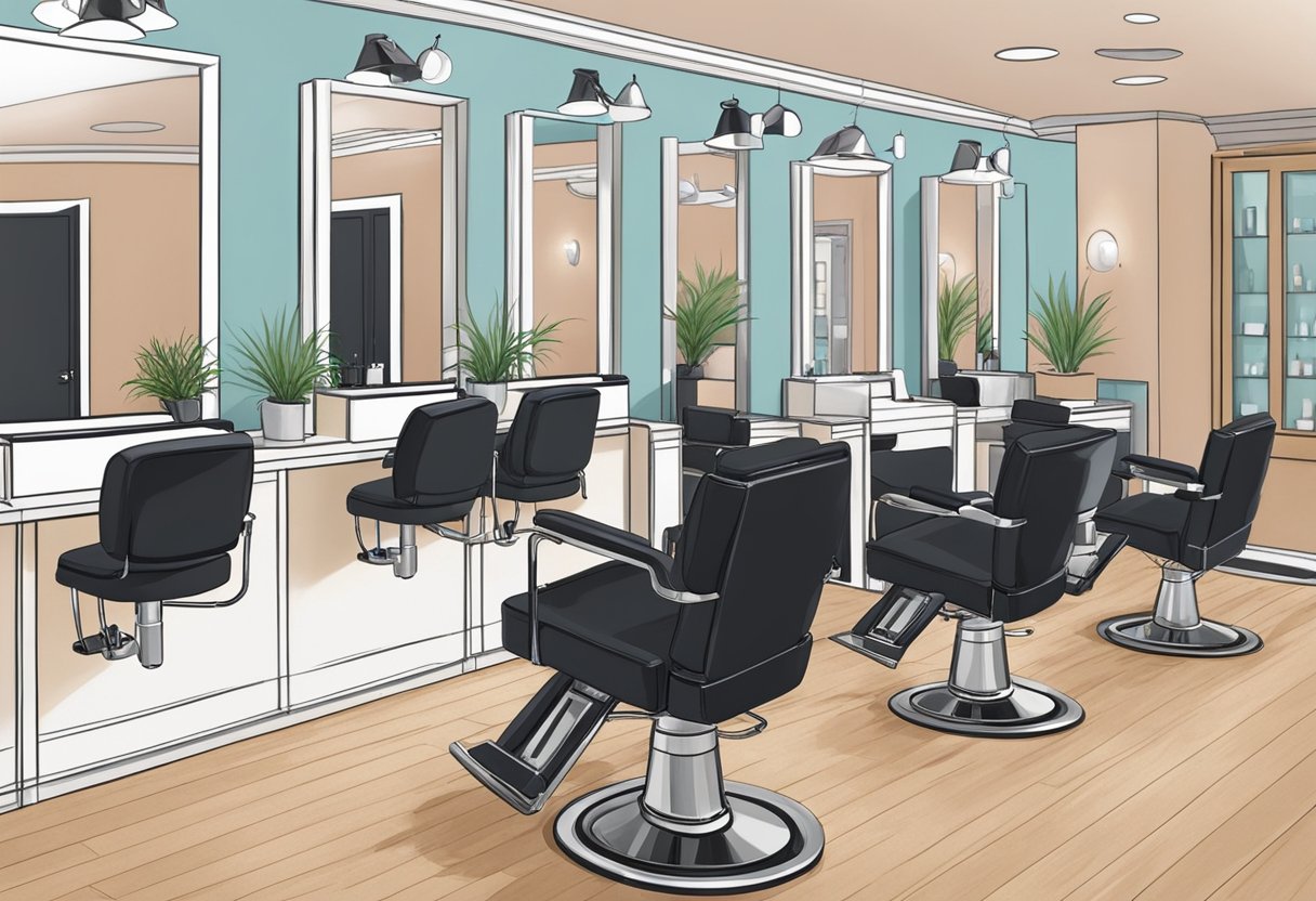 A modern salon in Hackensack, bustling with male clients receiving lash tinting treatments. The atmosphere is trendy and welcoming, with sleek decor and stylish staff