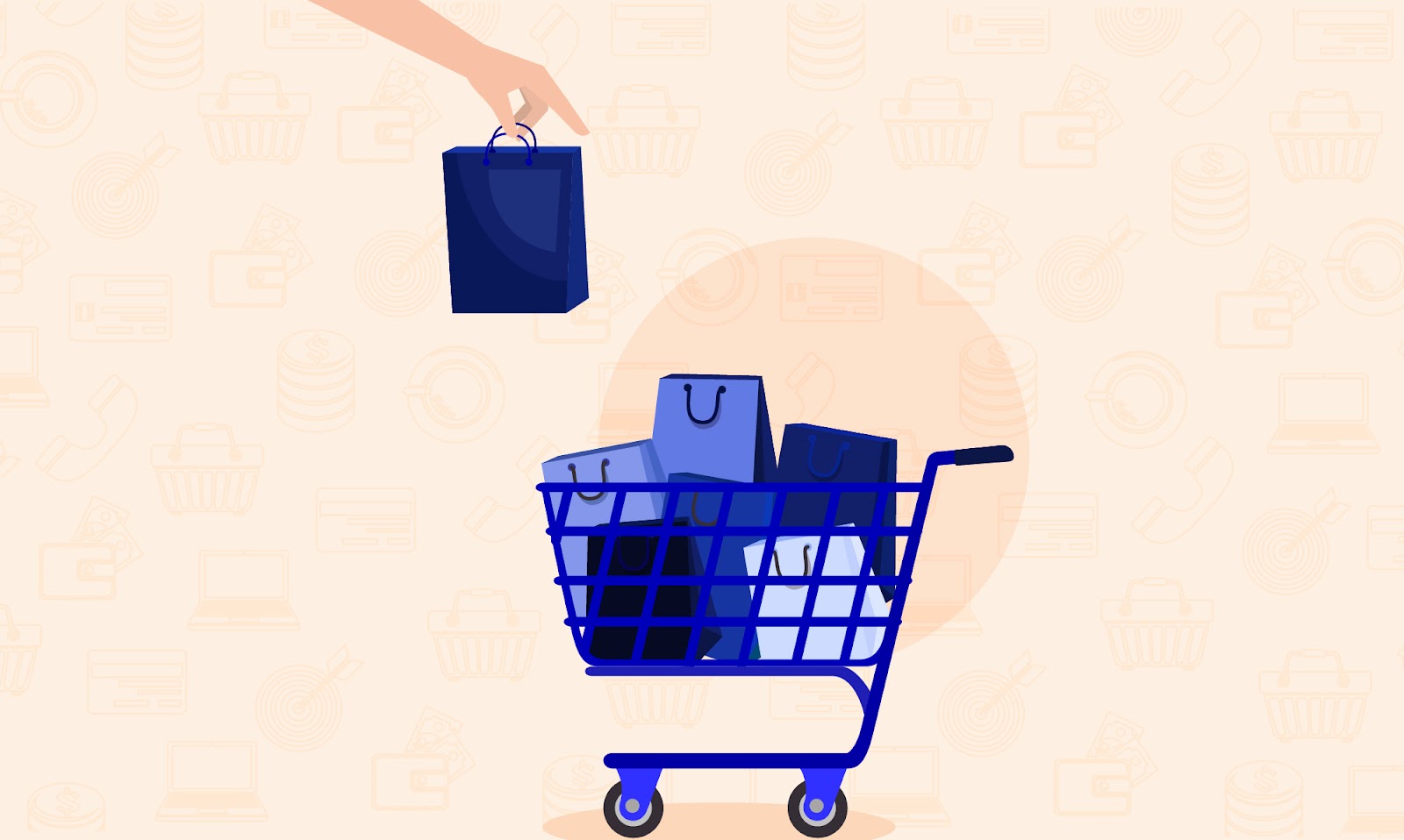 A shopping cart filled with bags, with a hand adding another bag, set against a background of shopping and finance icons.