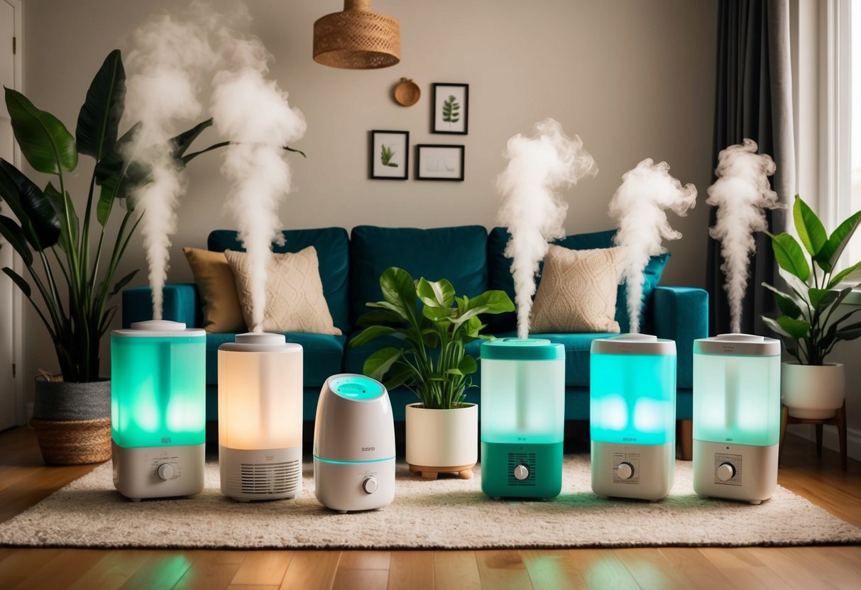 A cozy living room with various types of humidifiers placed around lush houseplants, creating a warm and moist environment during cold weather