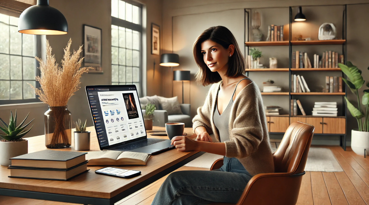 A woman with shoulder-length brown hair sits at a wooden desk in a well-lit, modern home office. She is wearing a beige sweater and holding a coffee cup while looking at her laptop screen, which displays a book publishing platform. The desk is decorated with books, a smartphone, and a vase with dried plants. Behind her, bookshelves filled with books and decorative items add to the cozy atmosphere.