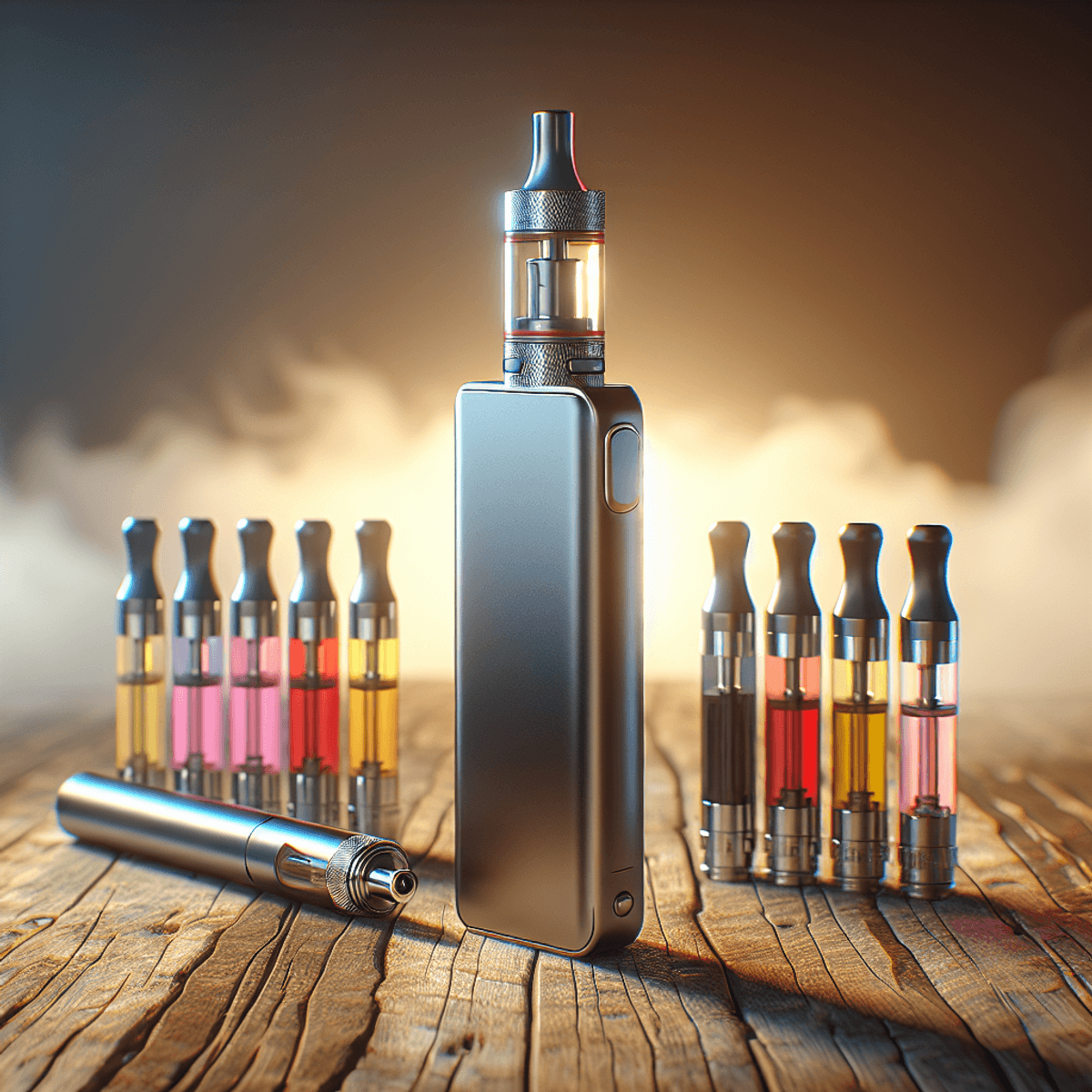 A modern vape pen battery in a sleek design resting on a textured wooden surface, surrounded by a variety of colorful vape cartridges representing different flavors, with a softly blurred background that enhances the focus on the battery and cartridges.