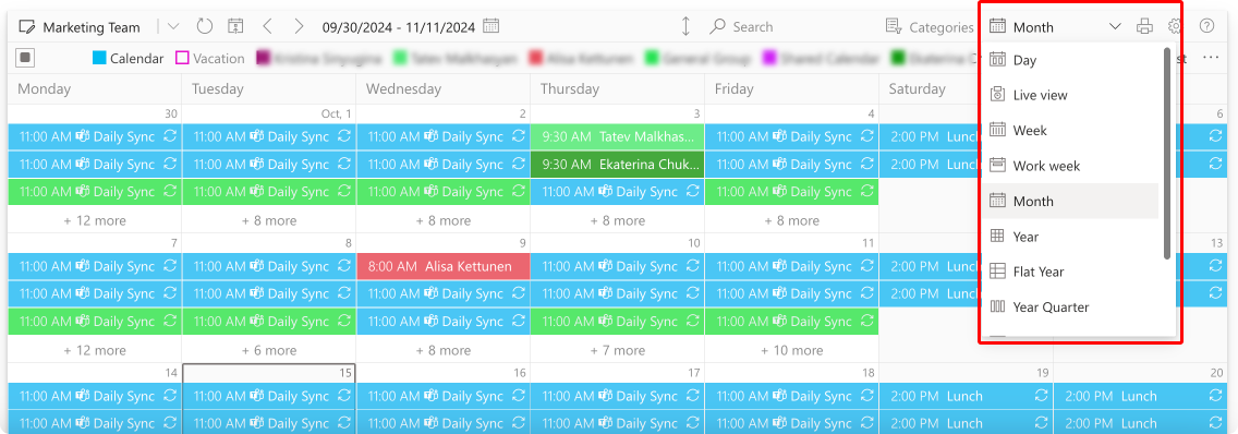 Switching between different calendar views in Virto Calendar. 