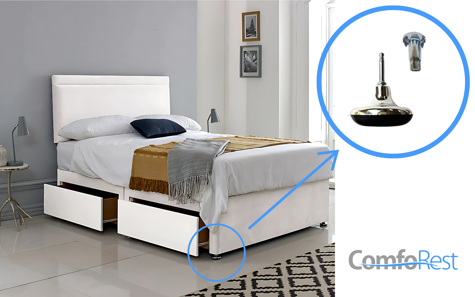 White divan bed with storage drawers, featuring a close-up of sturdy metal legs and fixings for enhanced stability and durability