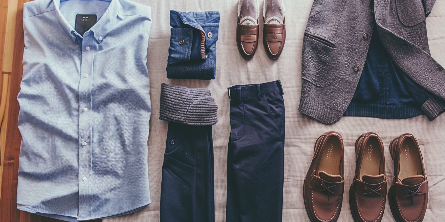 Flat lay of men’s business casual essentials: a light blue button-up shirt, navy chinos, a gray wool blazer, brown leather loafers, and a navy cardigan. Neatly arranged on a neutral background with soft lighting. Clean, professional, and modern style ideal for office or smart-casual settings.