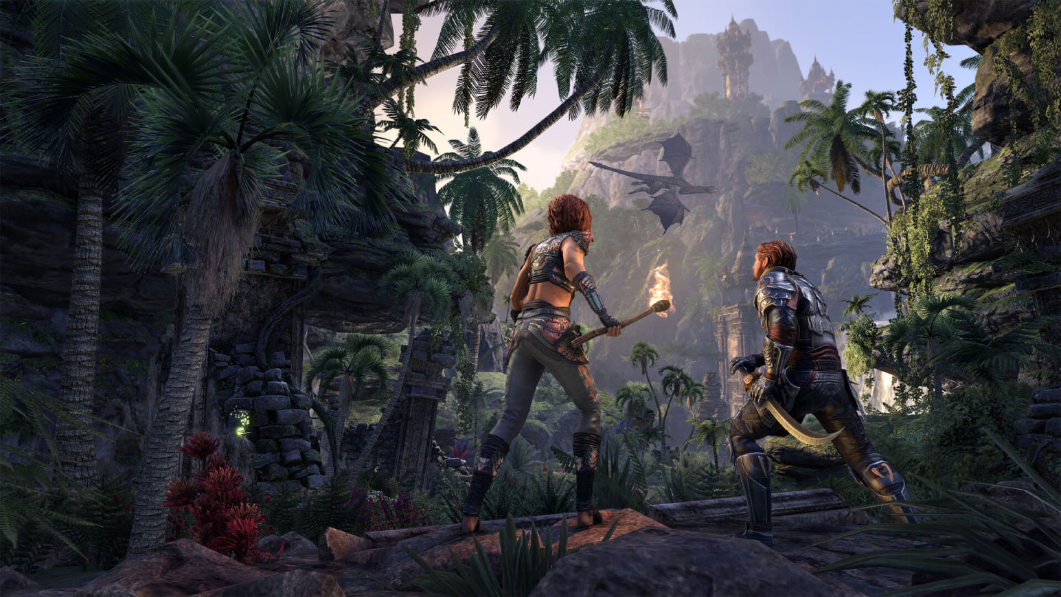 Screenshot of ESO gameplay featuring two adventurers on a journey