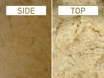 Side view: The color became darker. Top view: A white film was scooped off.