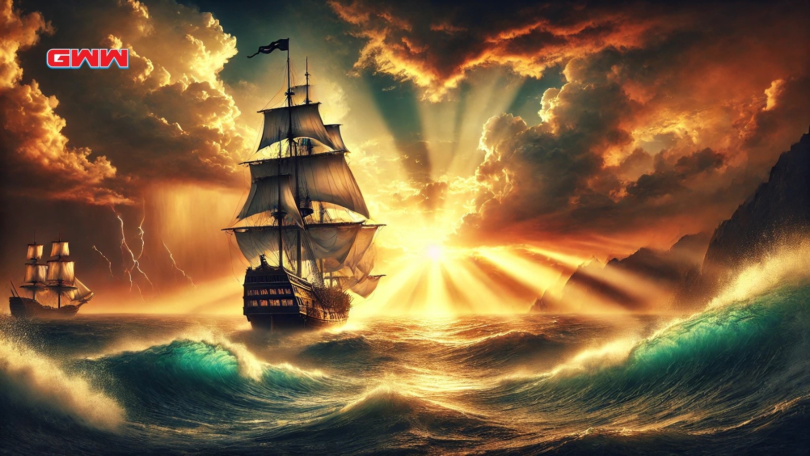 Majestic ship sails through stormy seas with golden sunlight breaking through