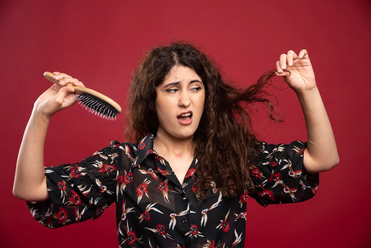 Woman holding her frizzy hair and comb