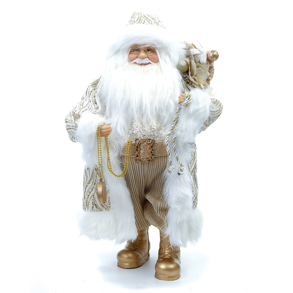 Boneco de Papai Noel segurando um relógio com roupas e acessórios nas cores branco e dourado.