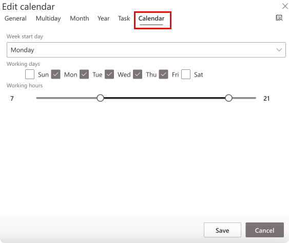 Changing day and weekly views in the “Calendar” tab within Virto Calendar settings. 