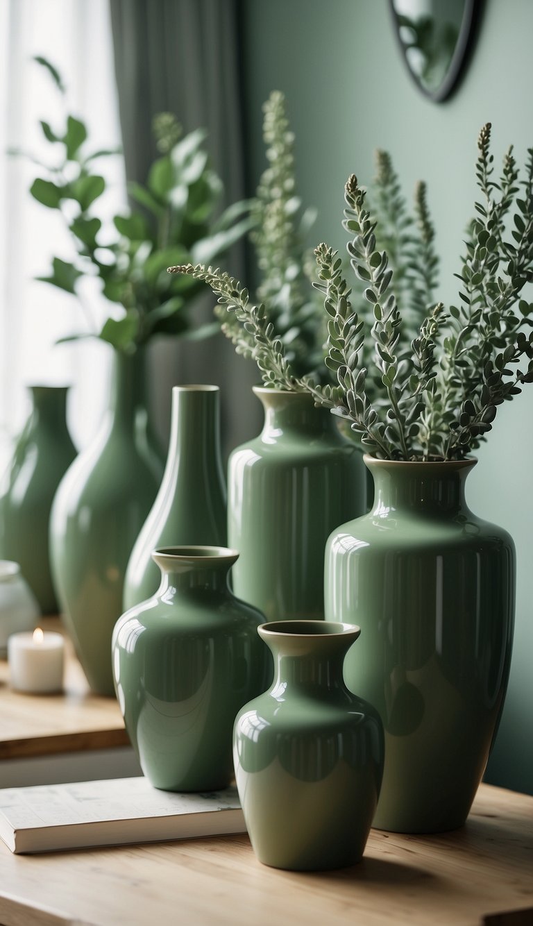 Sage green vases arranged in a serene bedroom setting