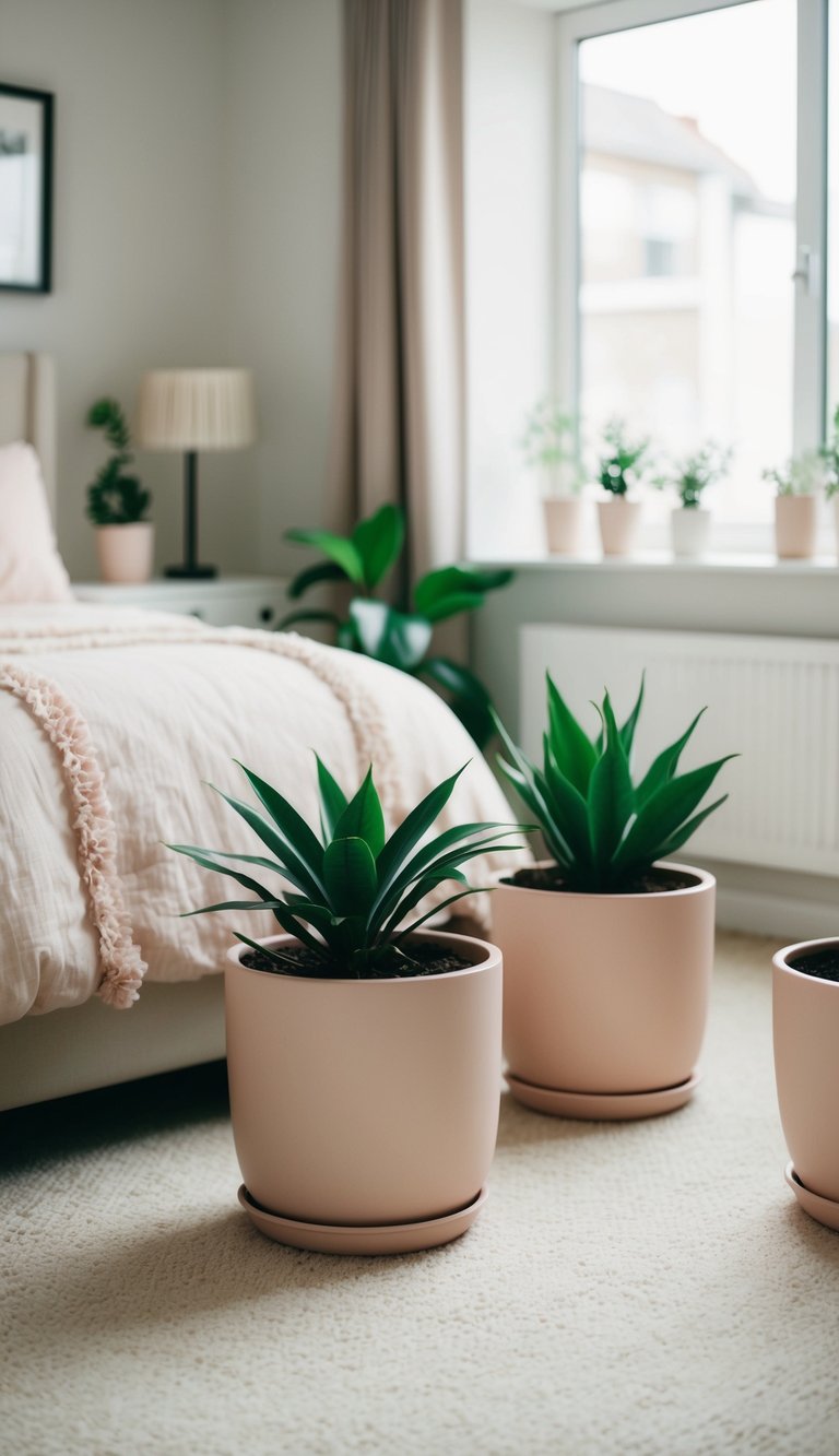 A cozy bedroom with pale pink planters scattered around, adding a touch of softness to the room's decor