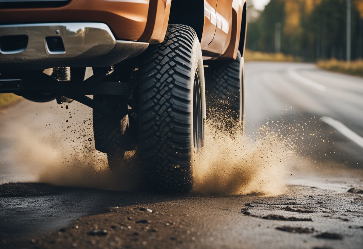 A lifted truck hitting a pothole on a bumpy road, causing the front wheels to shake violently