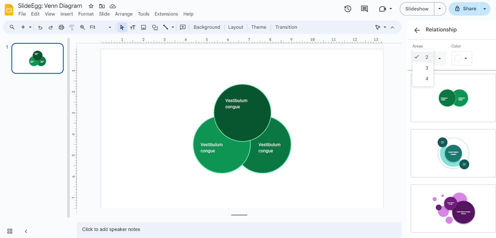 Google Slides presentation showing a Venn diagram with three overlapping circles, with options for areas & colors.